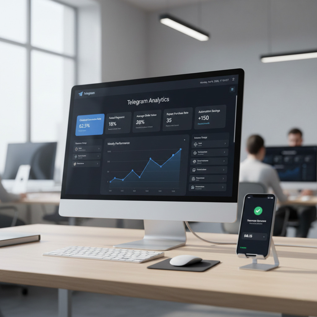 Telegram bot store dashboard on laptop with pricing plans, checkout funnel, and automated order workflow