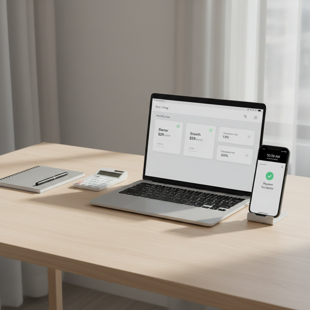 Telegram shop pricing dashboard on laptop and smartphone showing plan comparison, fees, and ROI metrics