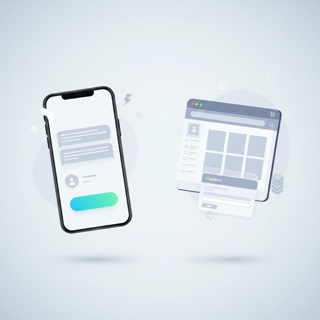 Telegram Shop vs Shopify comparison illustration showing chat-based selling on mobile and a full ecommerce storefront on desktop.