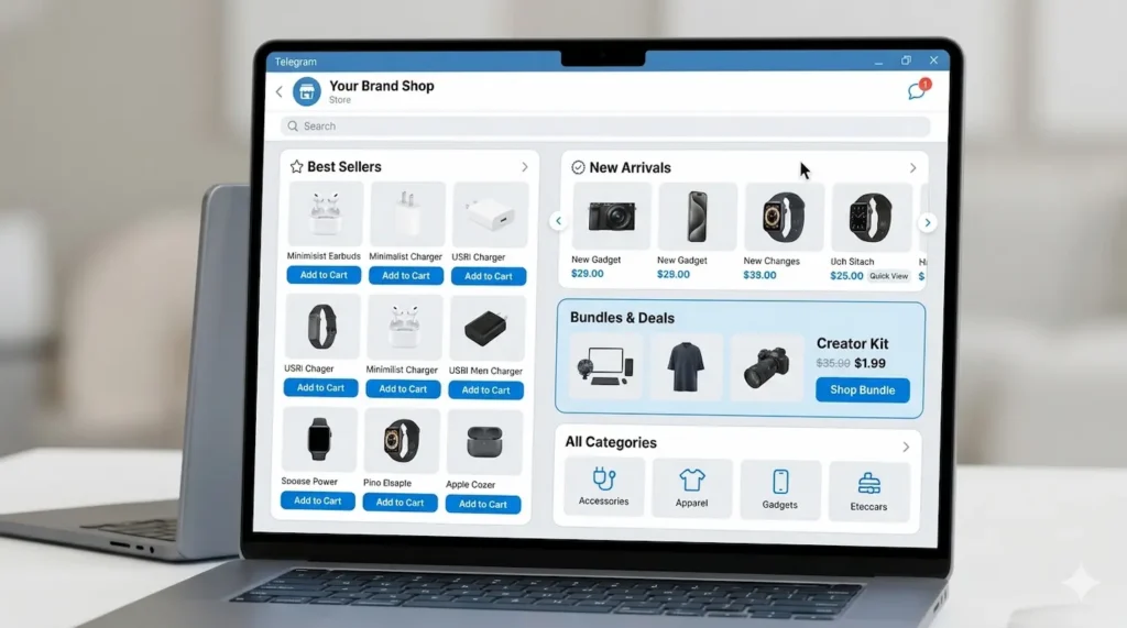 telegram store product catalog with categories, best sellers, and bundle sections