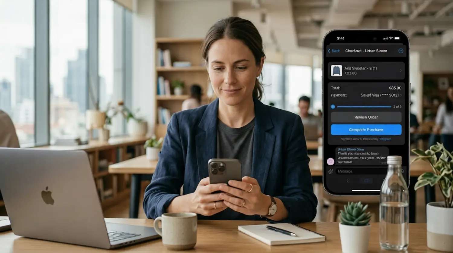 Telegram checkout optimization showing a smooth mobile checkout experience with clear steps and a strong payment button