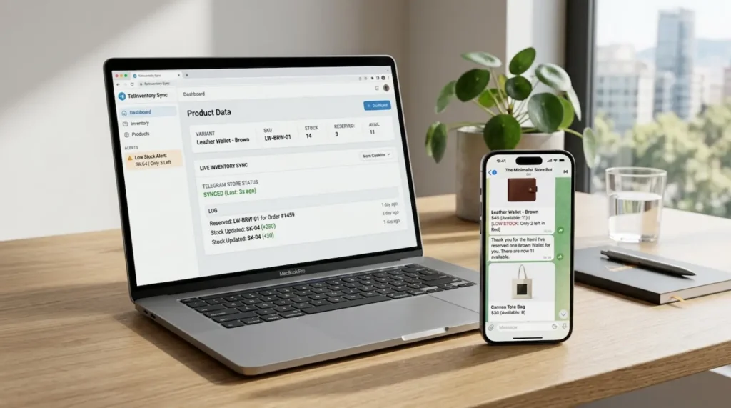 Telegram inventory management dashboard with product variants, reserved stock, and real-time inventory updates