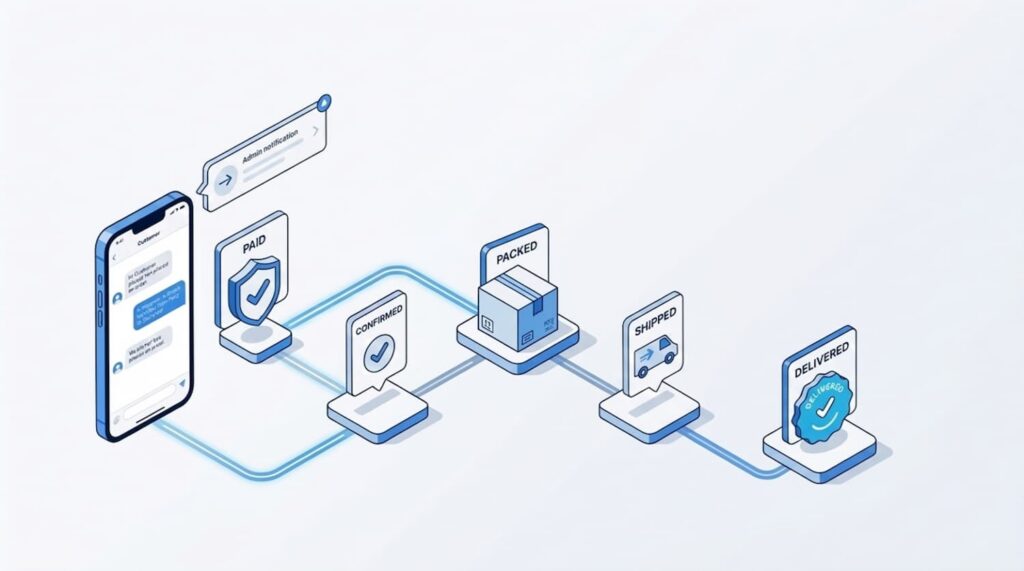 Telegram order management illustration showing a customer chat and order status steps from paid and confirmed to packed, shipped, and delivered