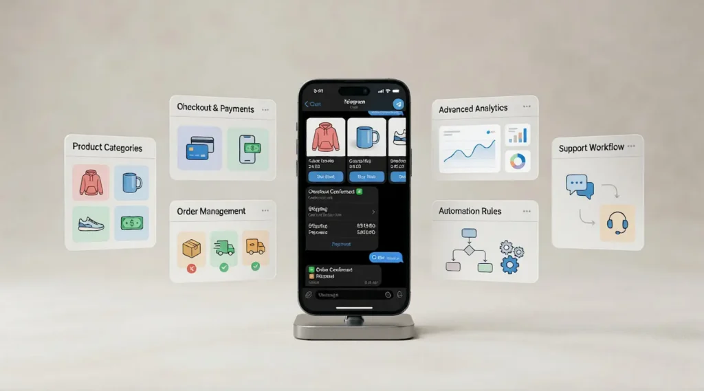 Telegram shop builder feature checklist showing catalog checkout payments and order workflow