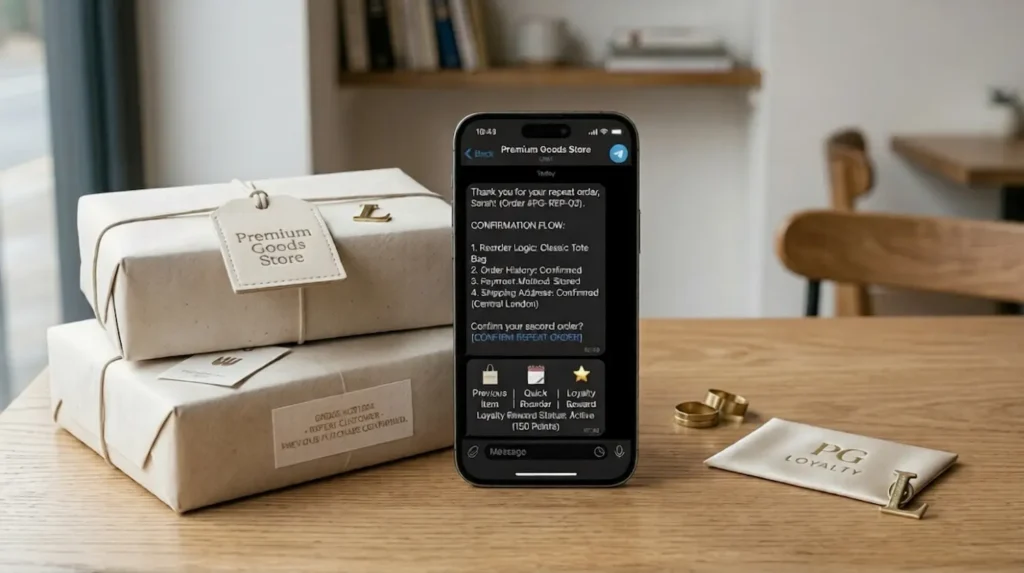 Telegram shop loyalty visual showing repeat purchase flow, reorder prompts, and customer retention inside a Telegram store