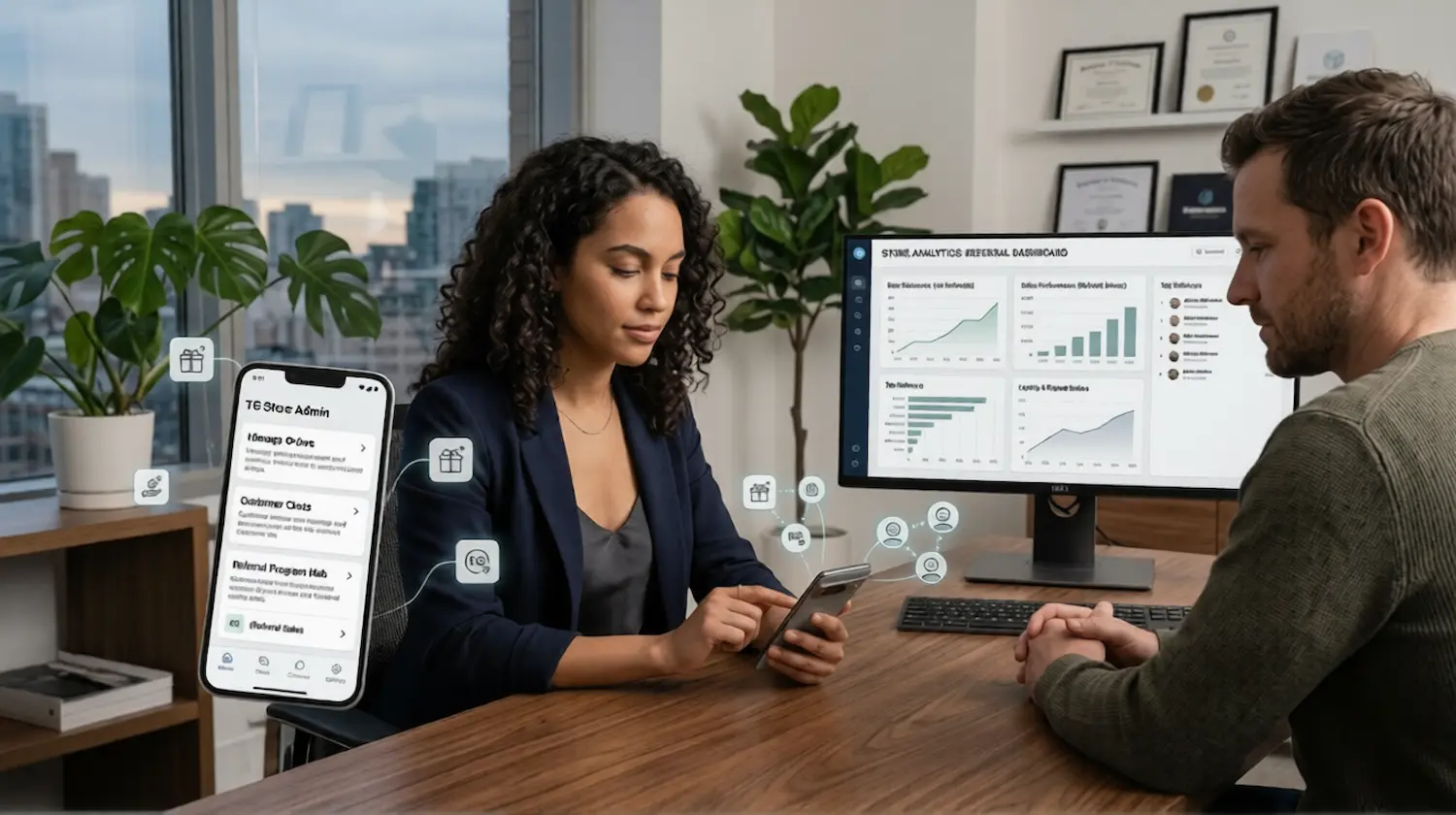 Telegram store growth scene with referral sharing, customer loyalty, and repeat purchase strategy