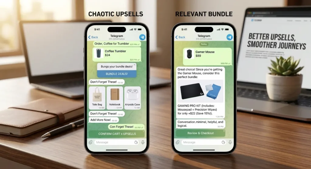 Comparison of annoying and user-friendly telegram store upsell flows inside a Telegram shop