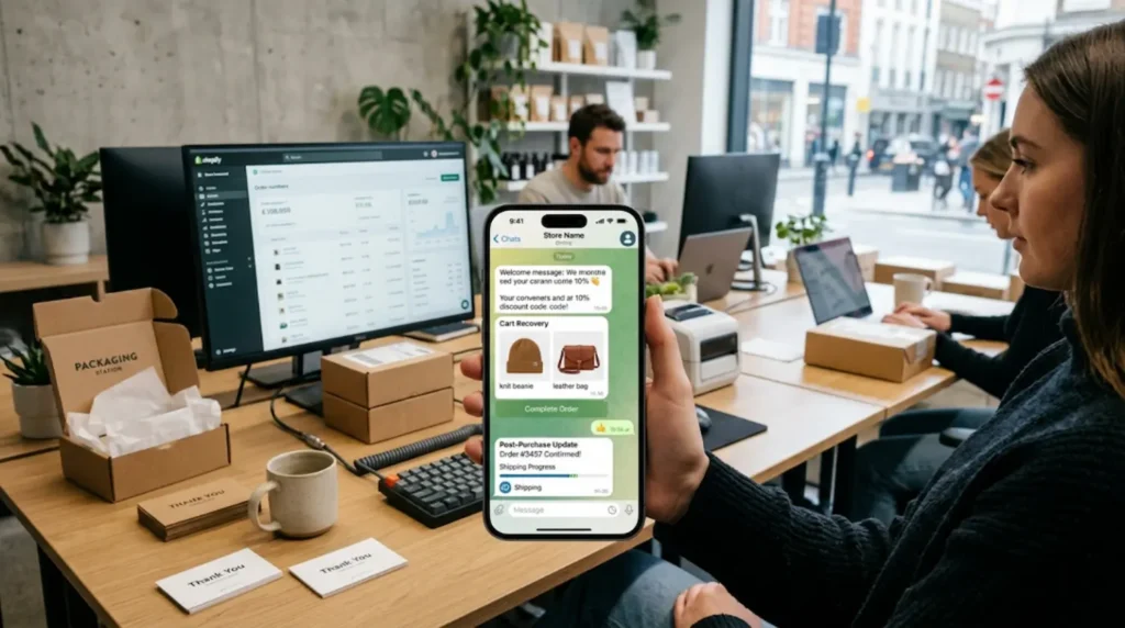 Post-purchase message flow for Telegram stores with order updates, recovery messages and customer communication