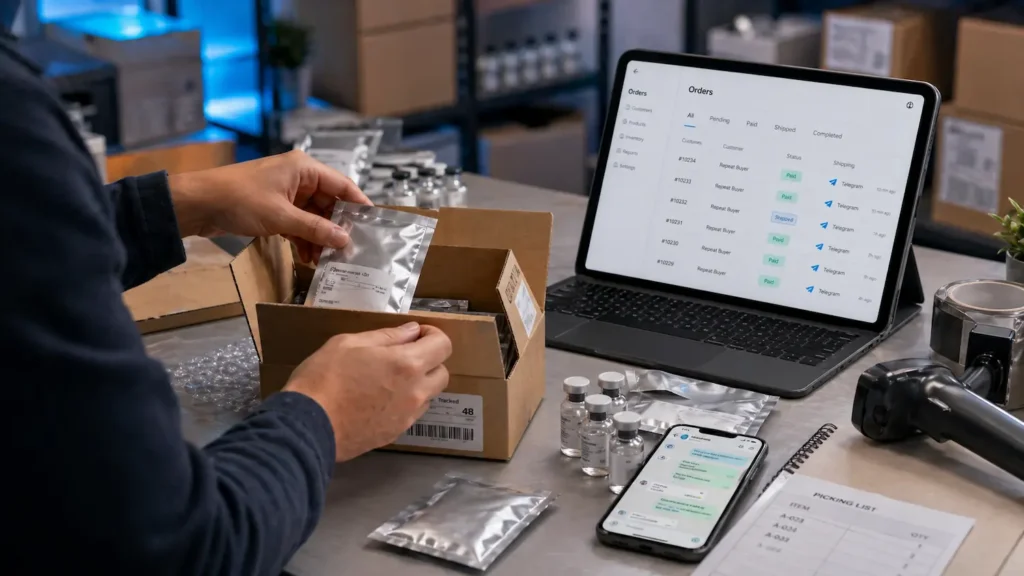 Peptide sellers Telegram fulfillment workflow with order tracking, product packing and customer support automation