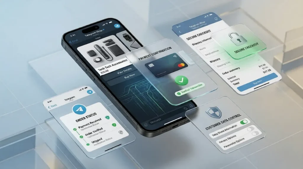 secure Telegram shop checkout flow with payment verification, order tracking and controlled customer data management