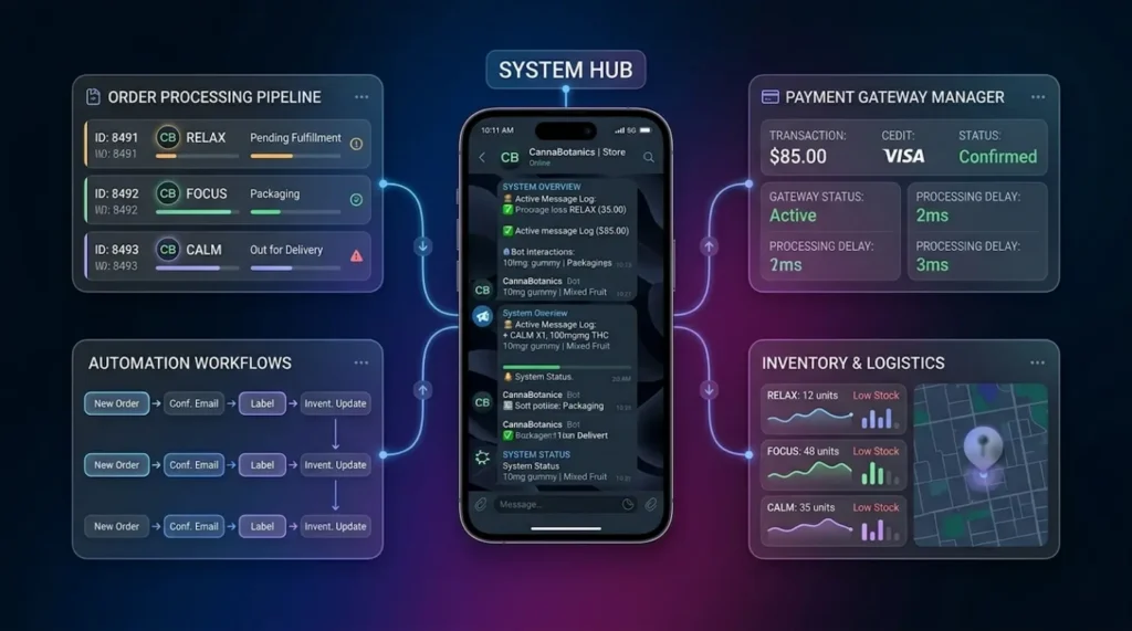 elegram storefront for cannabis brands with automated payments, order flow, and backend control
