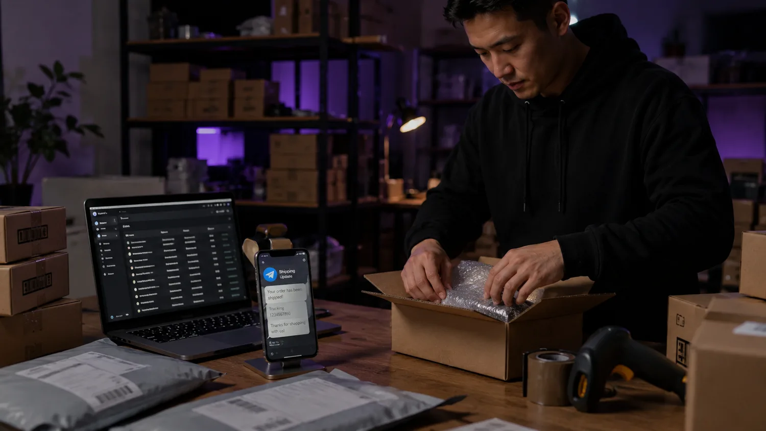Telegram bot checkout screen passing an order to a supplier fulfillment queue