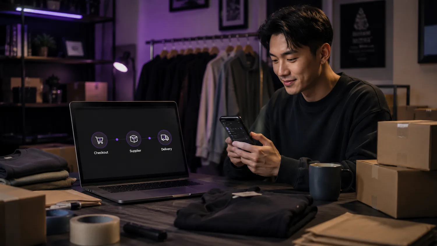 Telegram dropshipping order flow with stock sync, supplier dispatch and tracking updates