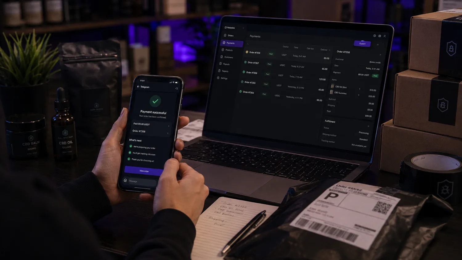 Telegram store for CBD brands handling orders, payments and repeat customer chats inside one bot interface