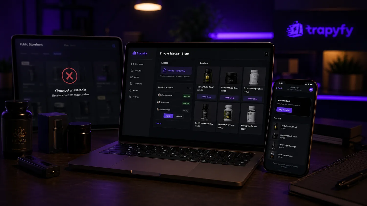 Approved customer checkout flow inside a private Telegram shop powered by Trapyfy