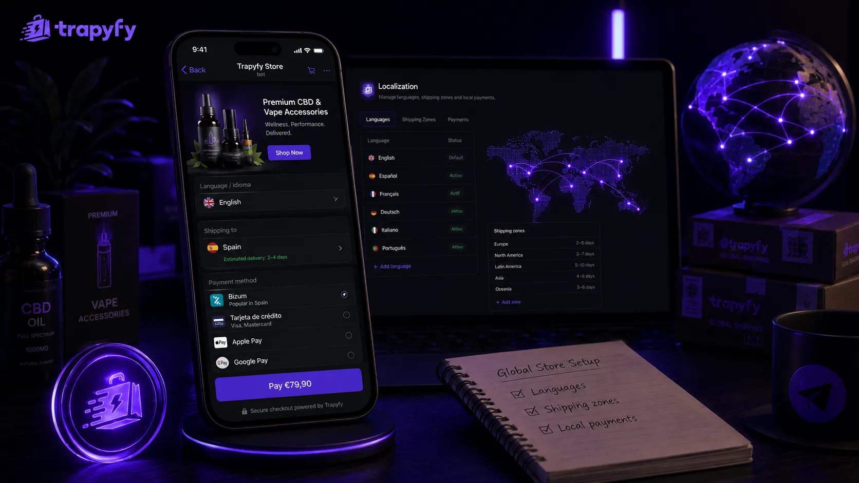 Telegram checkout for international buyers with local payment options and language selection