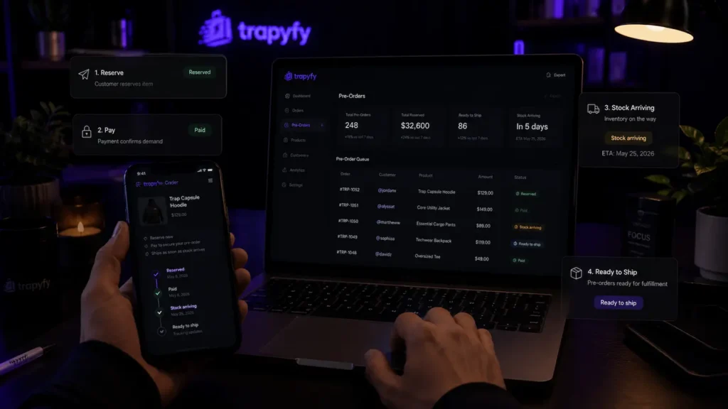 Telegram pre-orders dashboard showing reserved buyers, payment status, stock arrival and fulfilment planning.