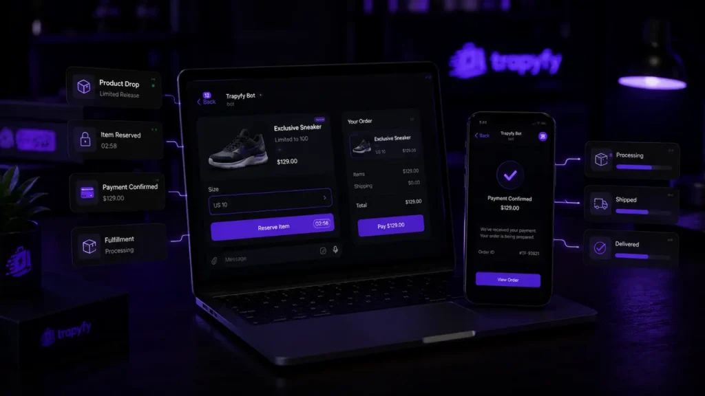 Telegram product drop flow with item reservation, payment confirmation and fulfilment tracking.