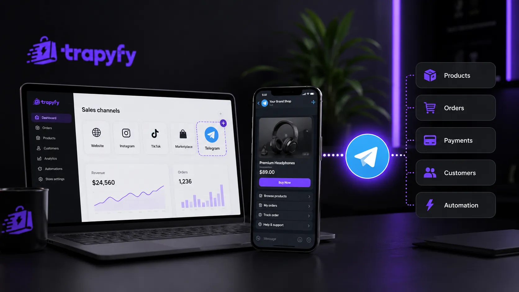 Trapyfy supporting products, orders and customer activity across a Telegram ecommerce channel