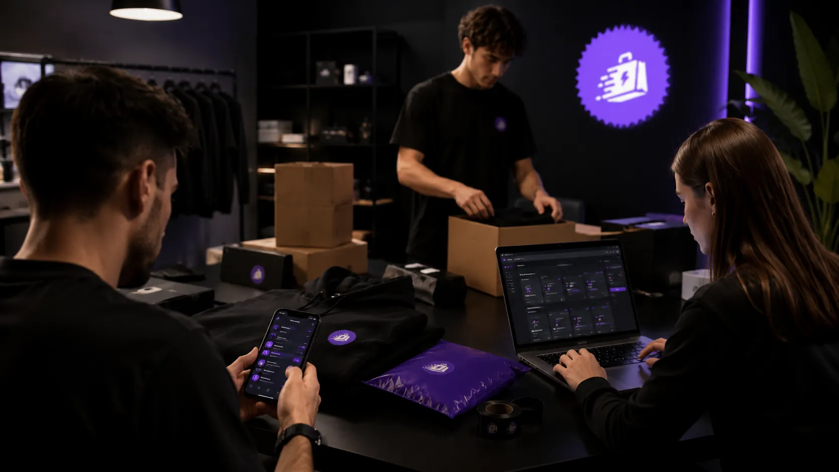 Online brand team managing a structured Telegram store with a product catalogue on a laptop and orders being packed for fulfilment