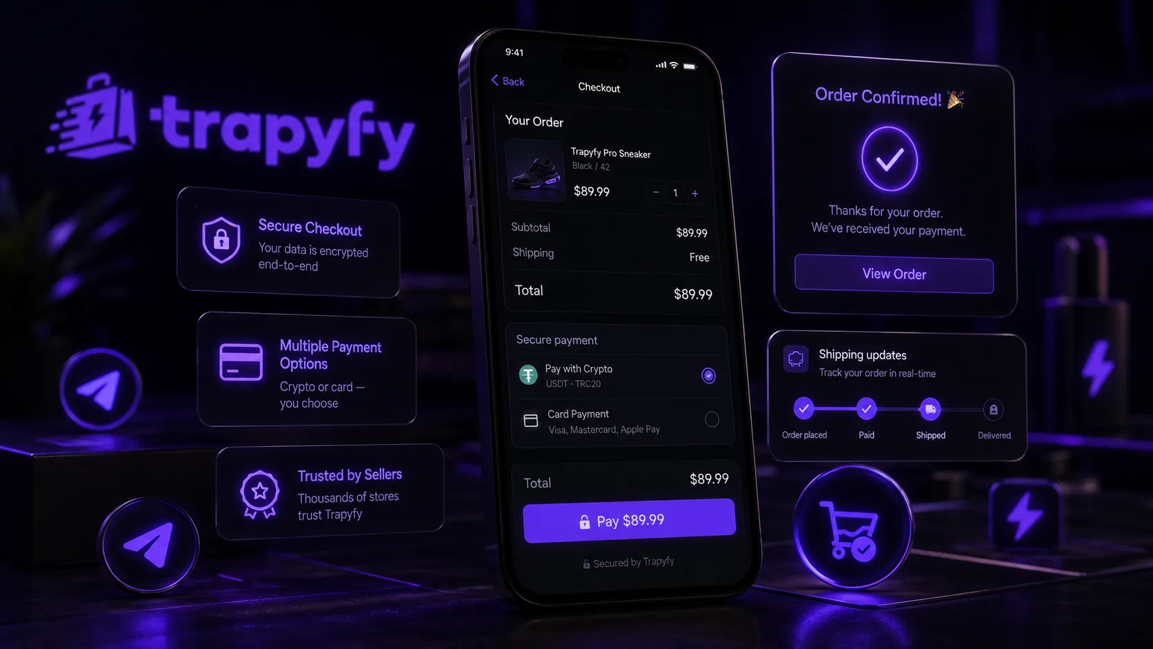Telegram checkout showing an itemised order summary, payment options and an order confirmation with shipping updates