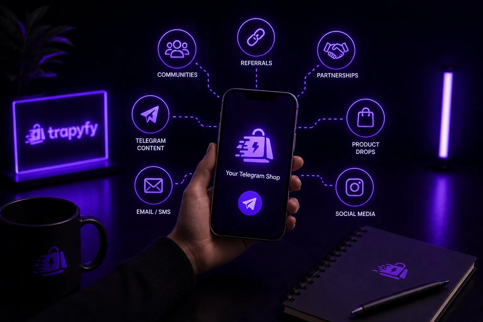 Telegram store promotion channels connected to a mobile ecommerce shop