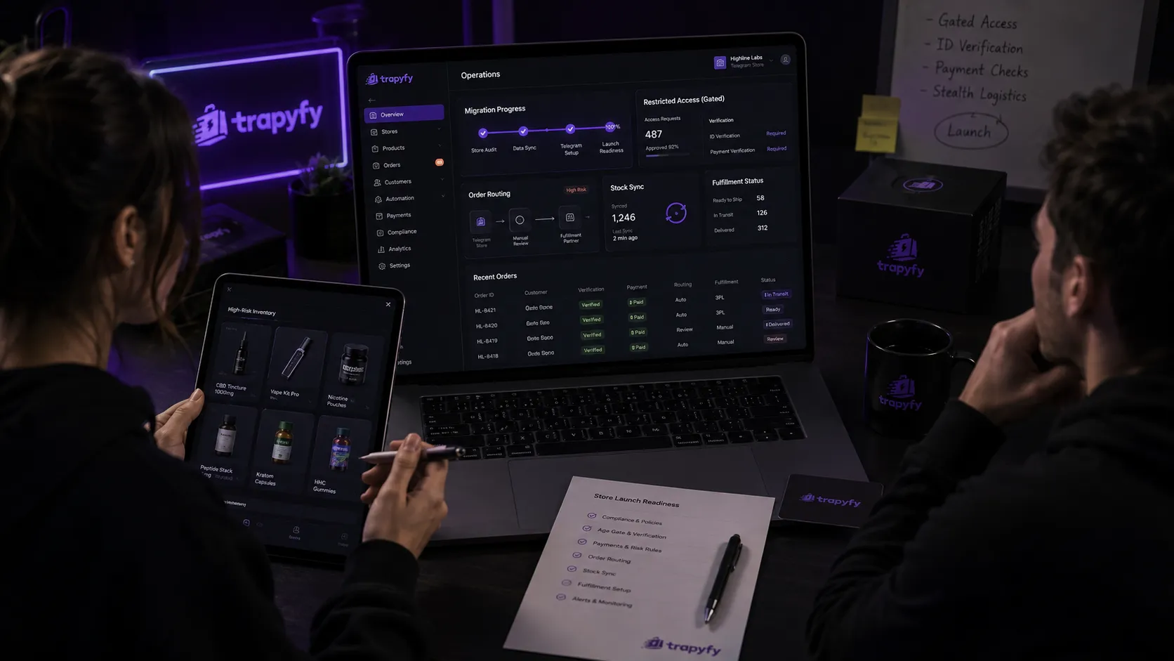 Trapyfy operations dashboard showing migration progress, order routing, stock sync and fulfilment status for a Telegram store