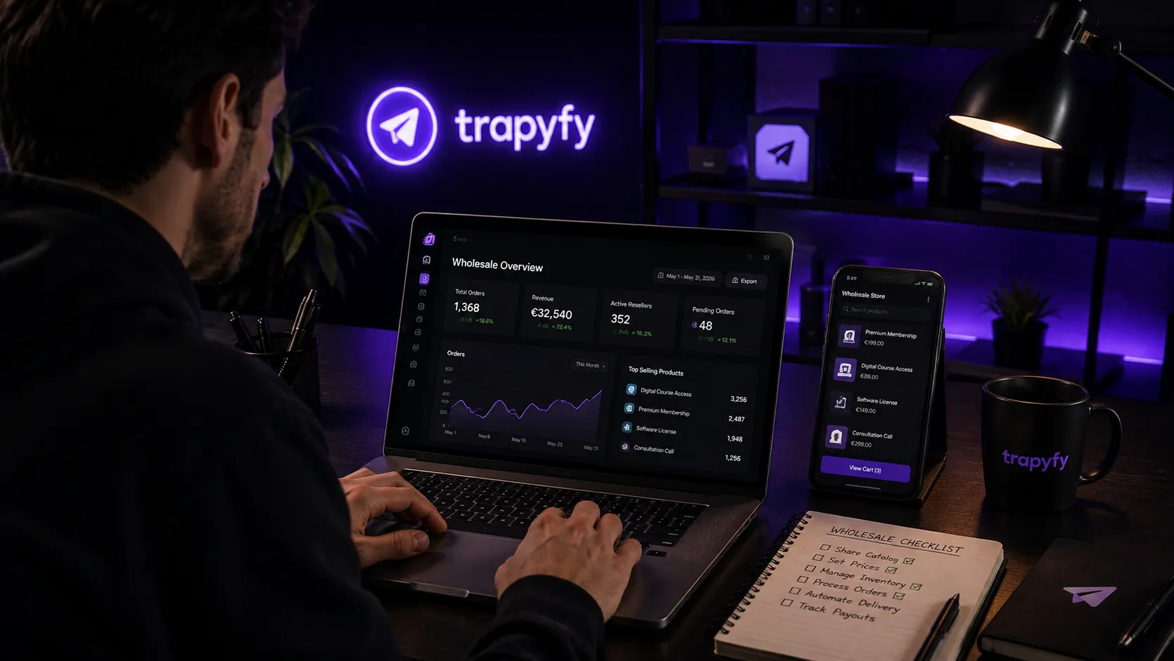 Trapyfy wholesale overview with total orders, revenue, active resellers and pending orders next to a Telegram wholesale store listing products and prices