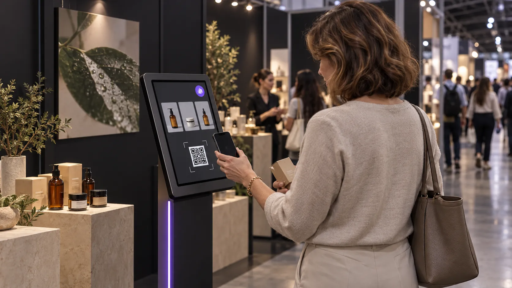 Customer scanning a QR code to pay at a self-service kiosk during a pop-up shop or trade show
