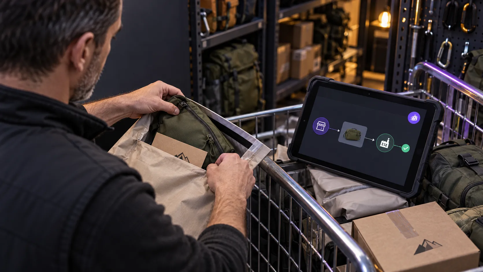 Warehouse staff fulfilling an order from a shared product catalogue via fulfilment routing