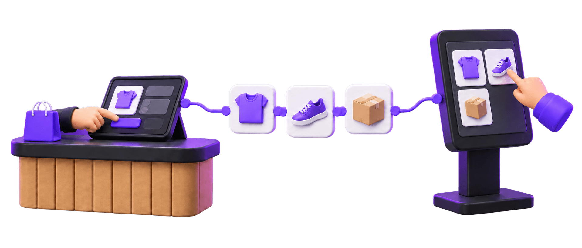 Assisted POS and self-service kiosk connected to the same retail catalogue