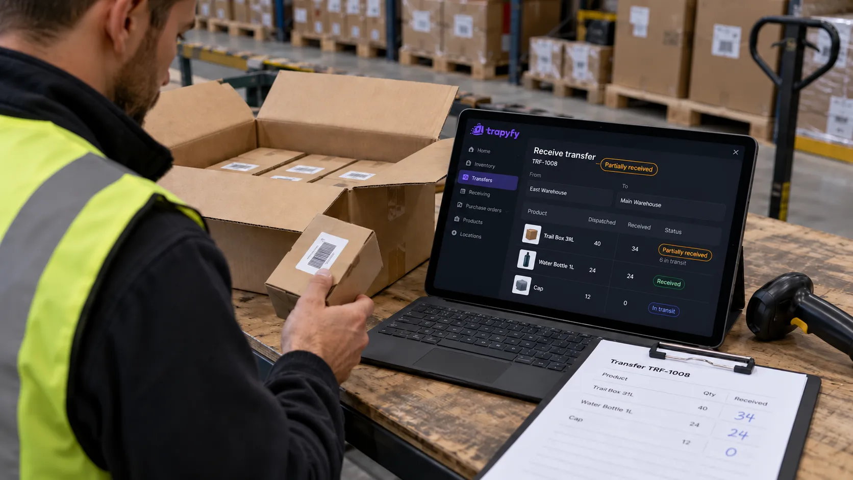 Warehouse worker counting a short delivery against the transfer: 34 of 40 units received and 6 still in transit
