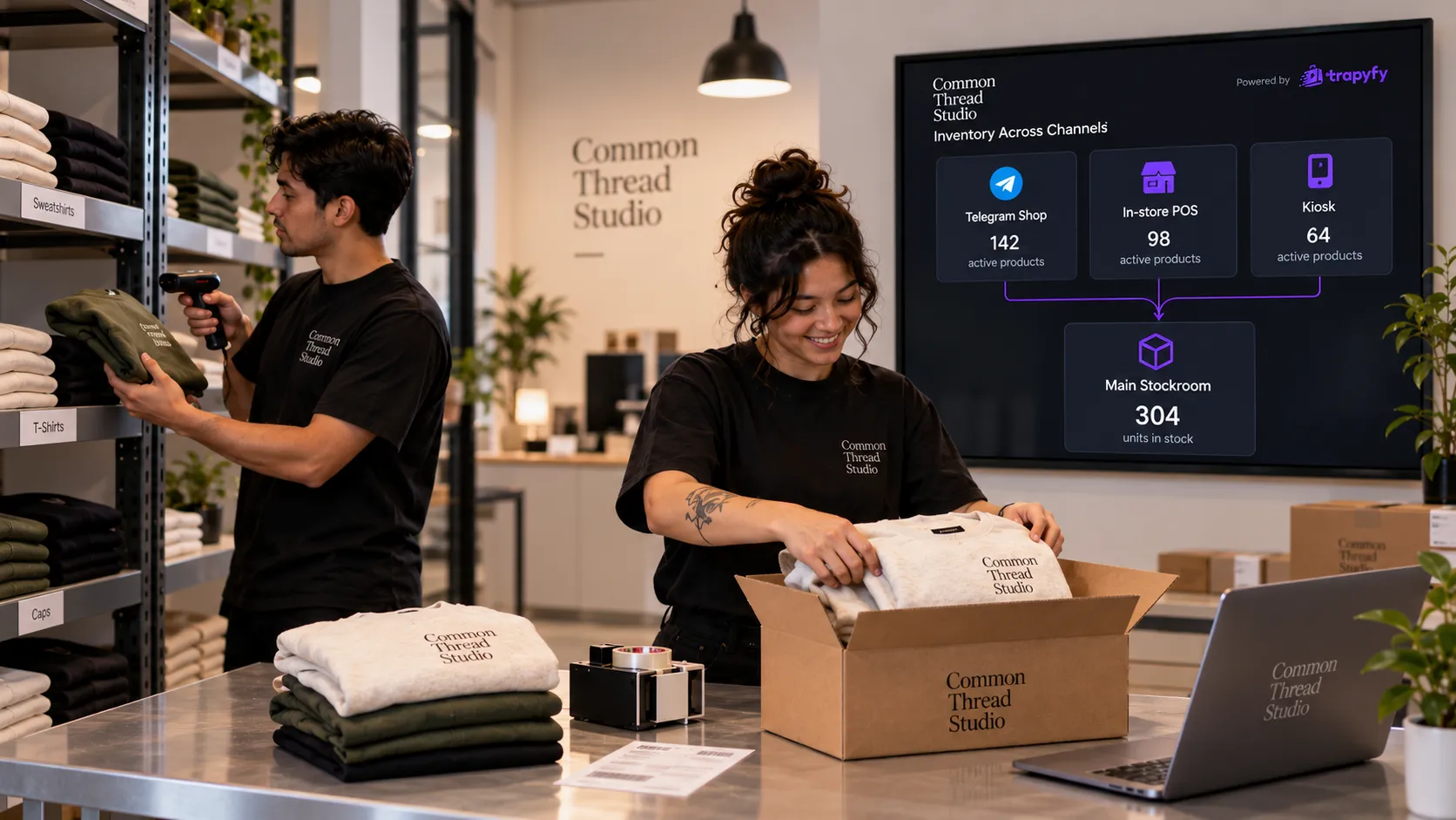 Shop staff packing an order while a screen shows a Telegram shop, in-store POS and kiosk all drawing on one main stockroom
