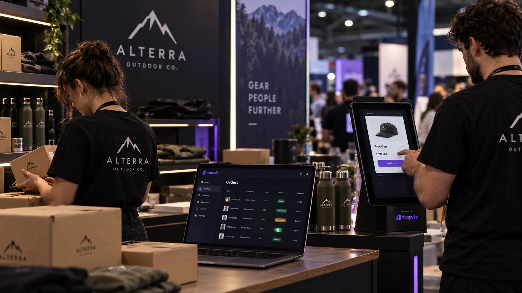 Trade show stand with a self-service kiosk, the orders list open on a laptop and staff preparing orders